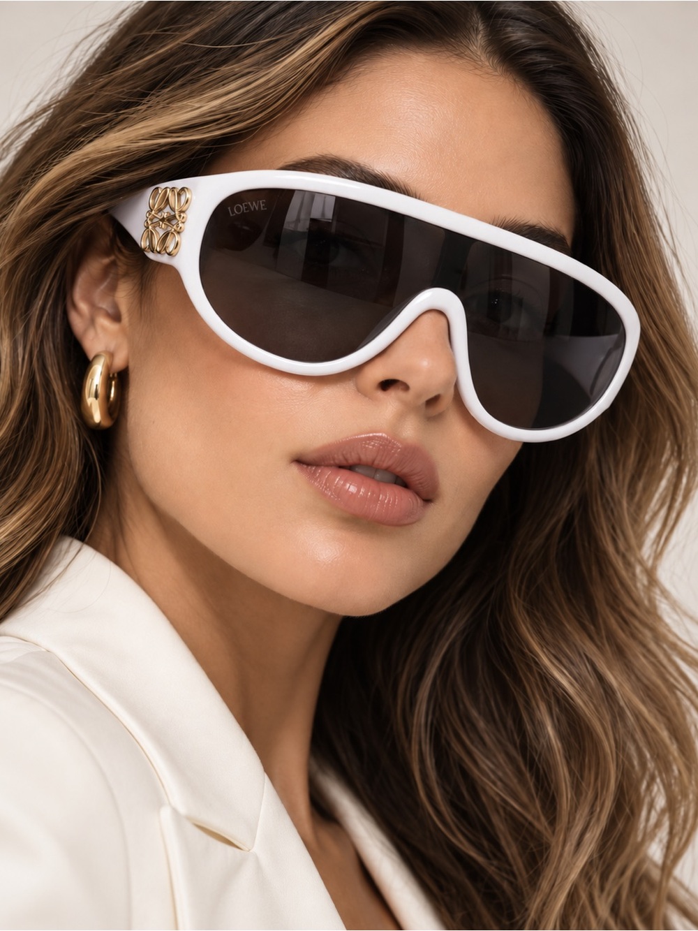 Loewe White Shield Sunglasses with Gold Anagram Detail